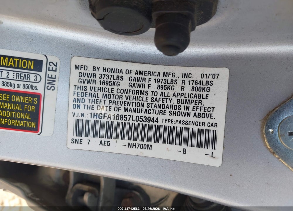 2007 HONDA CIVIC EX VIN: 1HGFA16857L053944