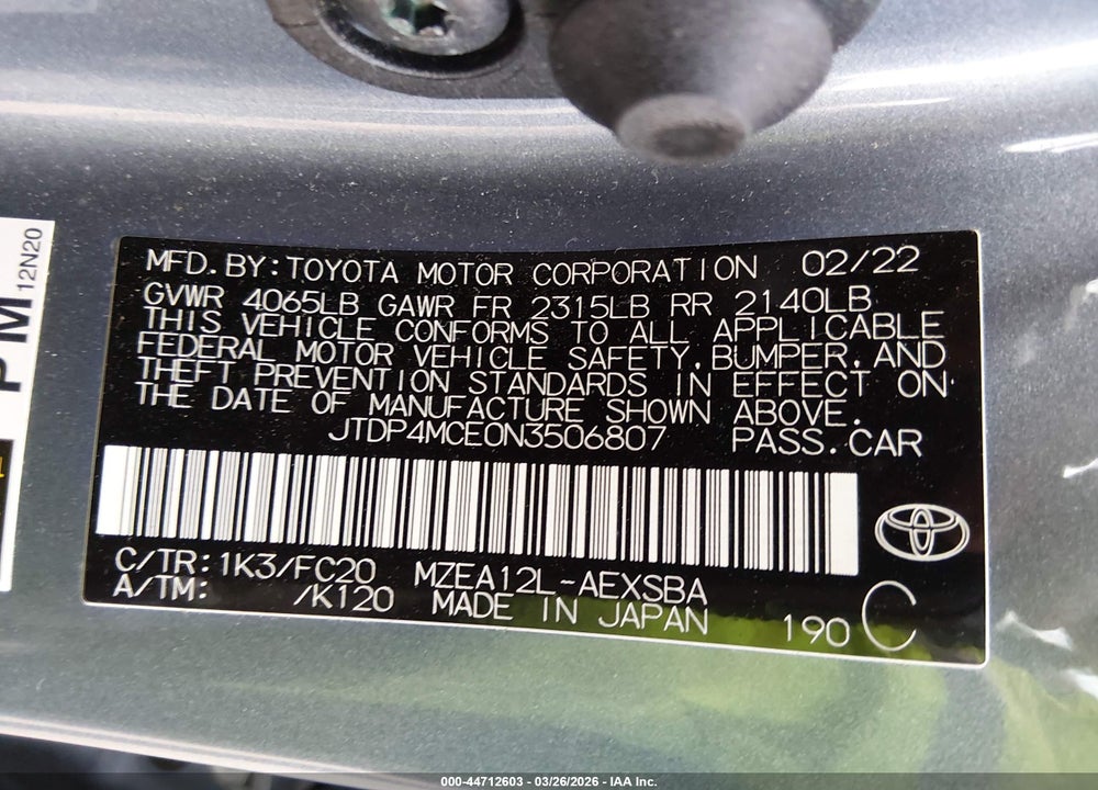 2022 TOYOTA COROLLA SE VIN: JTDP4MCE0N3506807