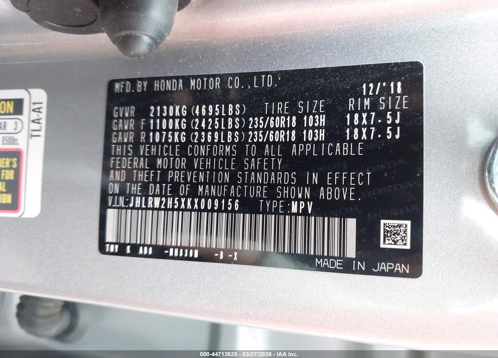 2019 HONDA CR-V EX VIN: JHLRW2H5XKX009156