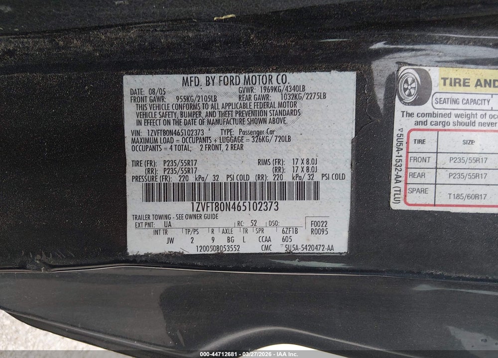 2006 FORD MUSTANG V6 VIN: 1ZVFT80N465102373