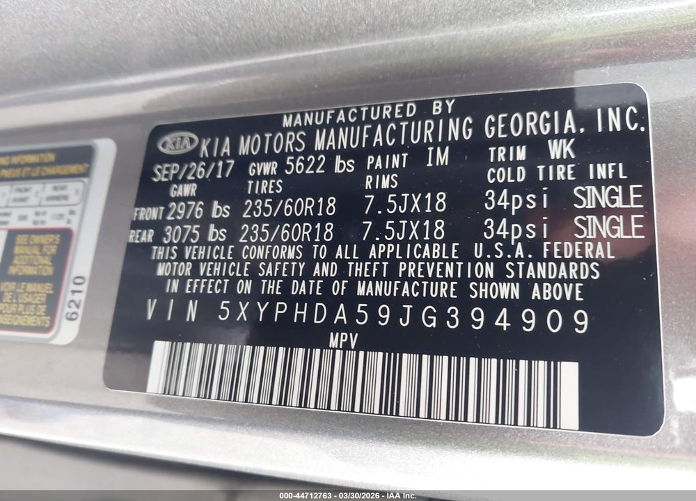 2018 KIA SORENTO 3.3L EX VIN: 5XYPHDA59JG394909