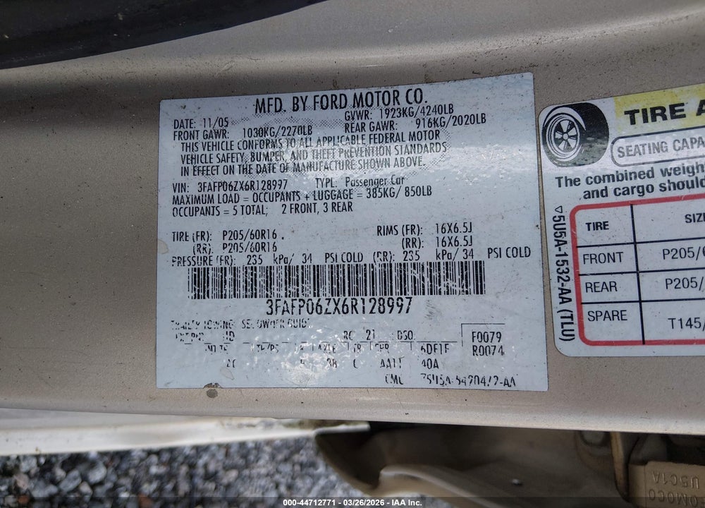 2006 FORD FUSION S VIN: 3FAFP06ZX6R128997