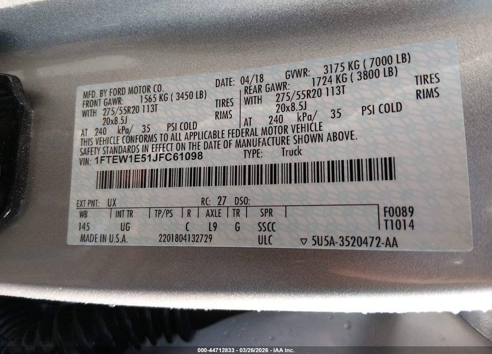 2018 FORD F-150 XLT VIN: 1FTEW1E51JFC61098