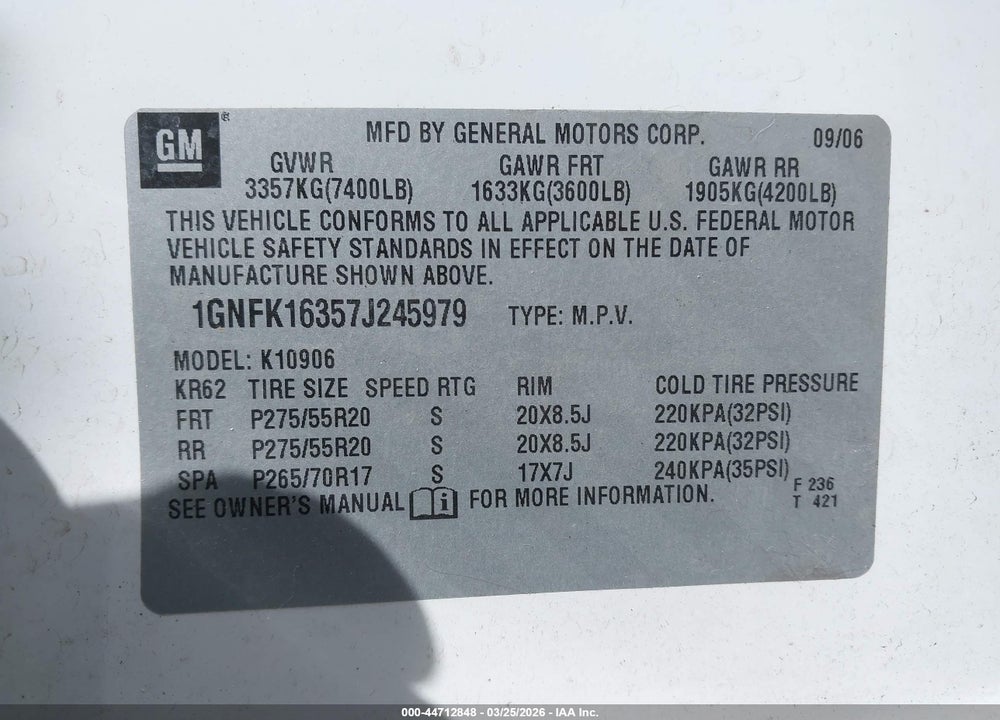 2007 CHEVROLET SUBURBAN 1500 LT VIN: 1GNFK16357J245979