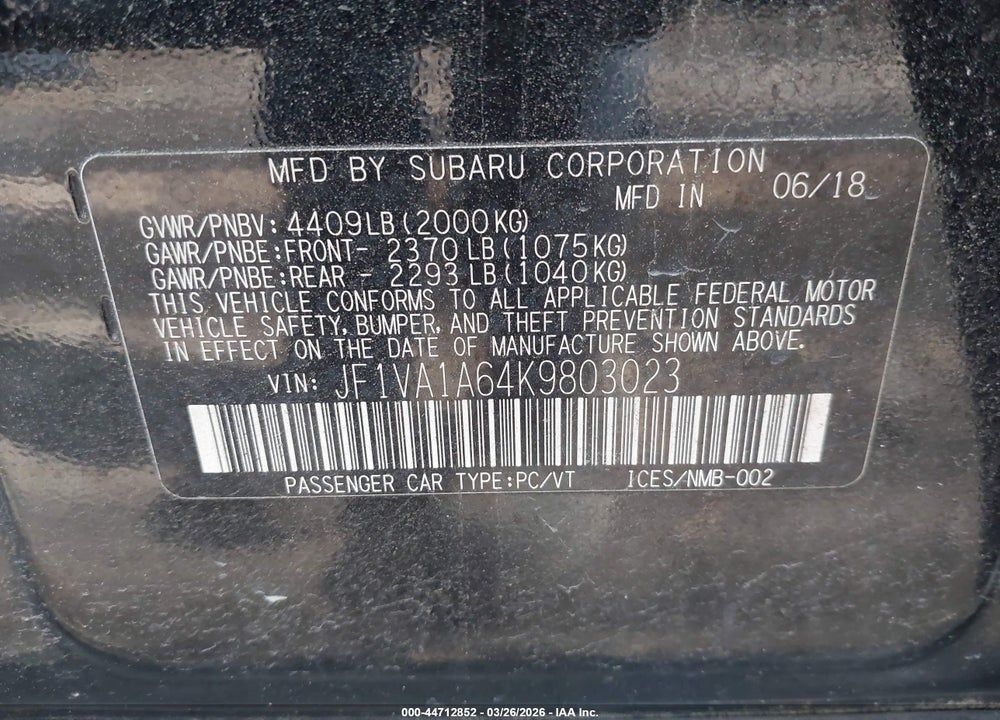 2019 SUBARU WRX VIN: JF1VA1A64K9803023