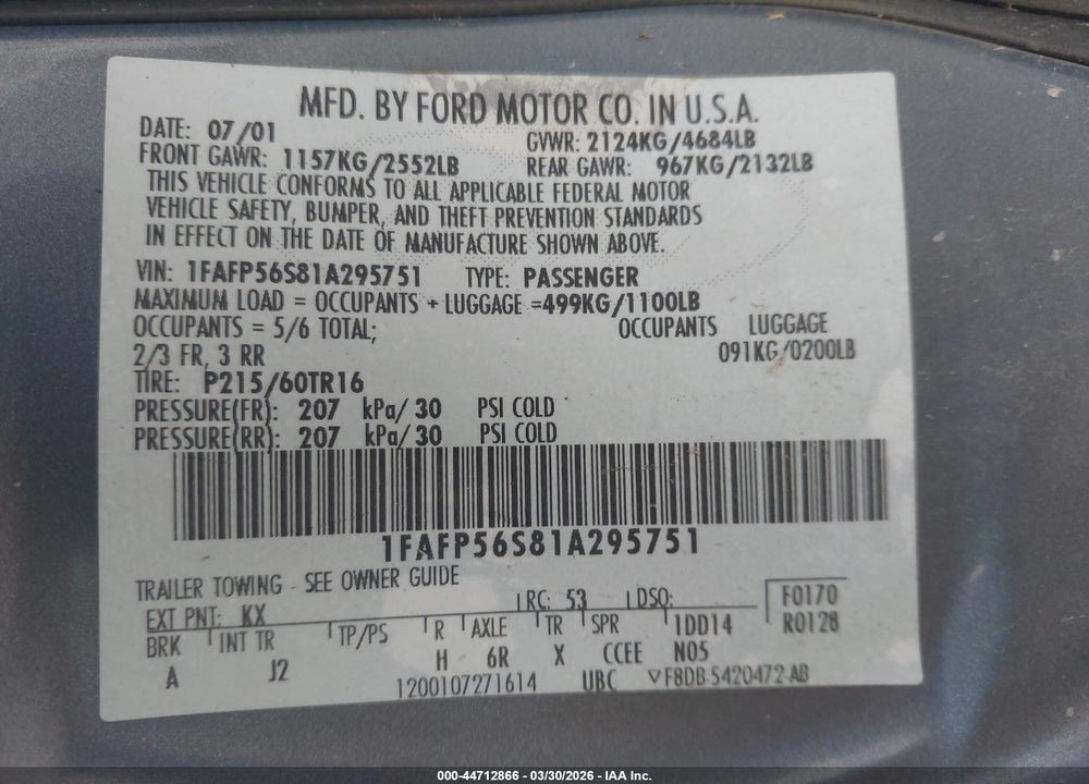 2001 FORD TAURUS SEL VIN: 1FAFP56S81A295751
