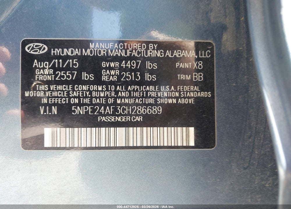 2016 HYUNDAI SONATA SE VIN: 5NPE24AF3GH286689