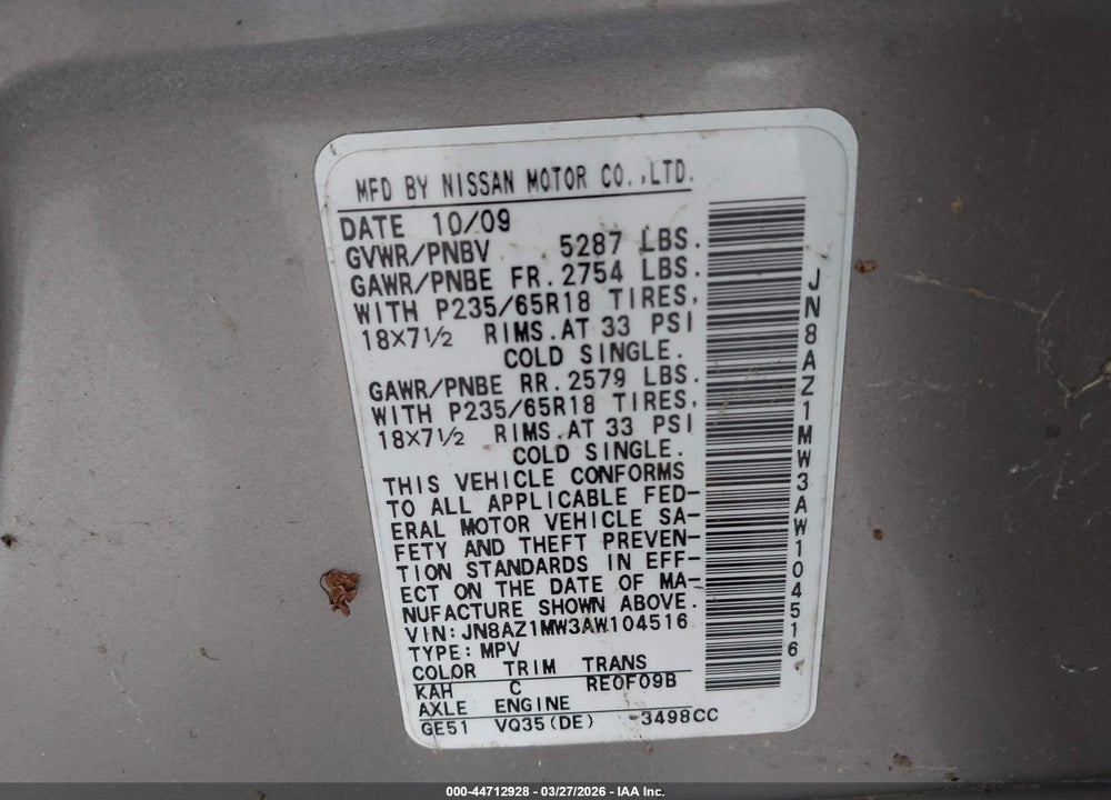 2010 NISSAN MURANO S VIN: JN8AZ1MW3AW104516