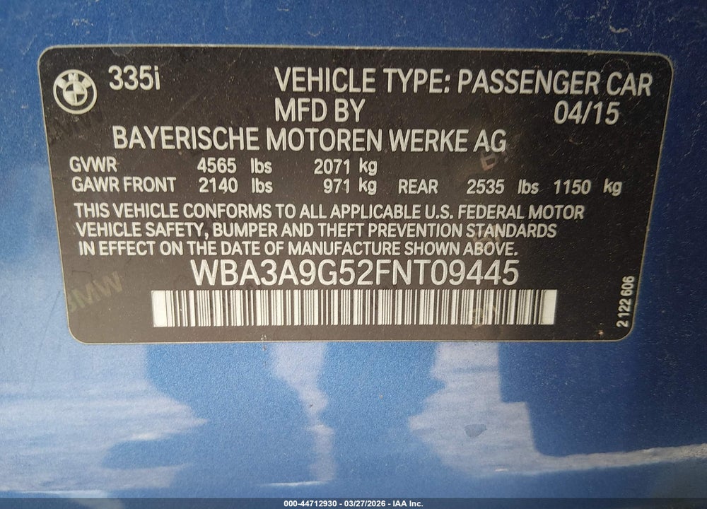 2015 BMW 335I VIN: WBA3A9G52FNT09445