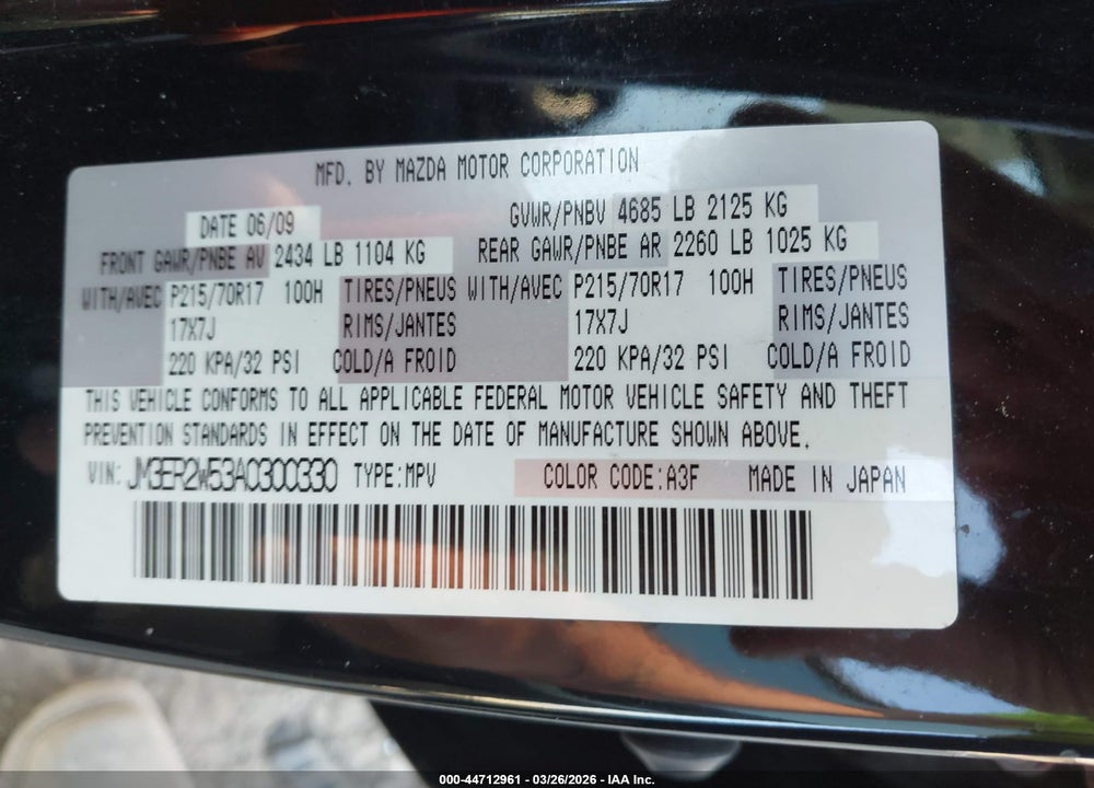 2010 MAZDA CX-7 I SPORT VIN: JM3ER2W53A0300330