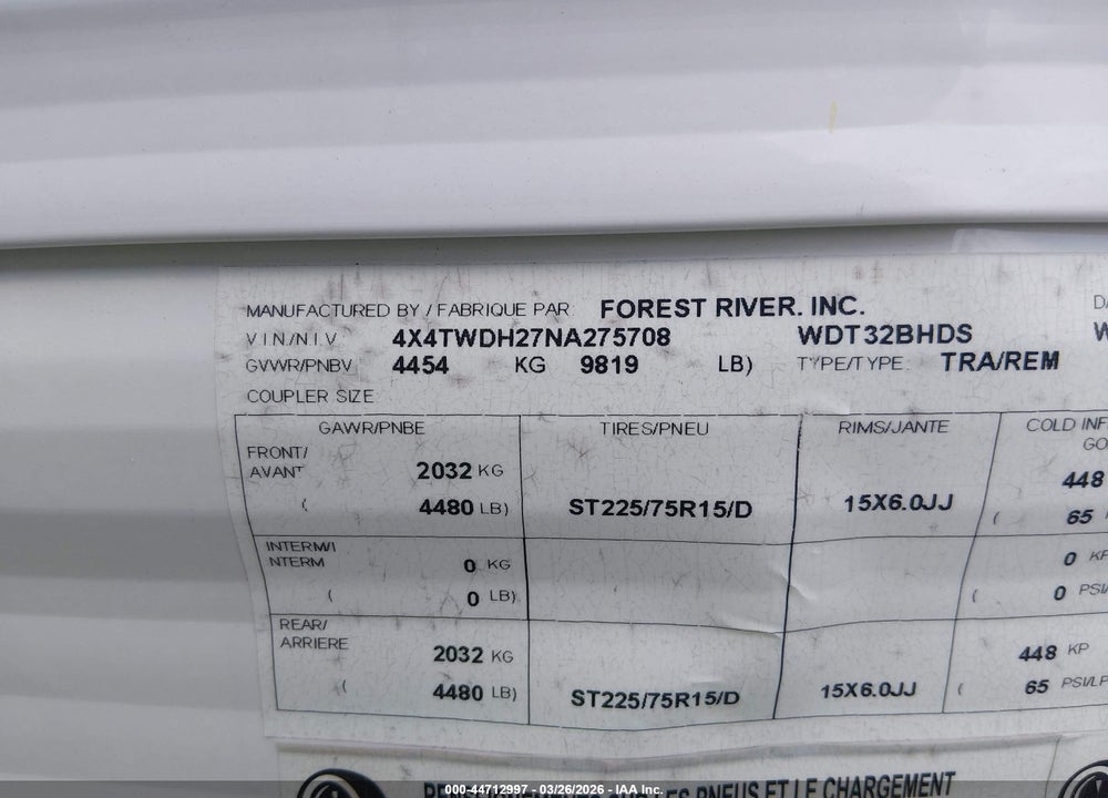 2022 FOREST RIVER WILD FOREST VIN: 4X4TWDH27NA275708
