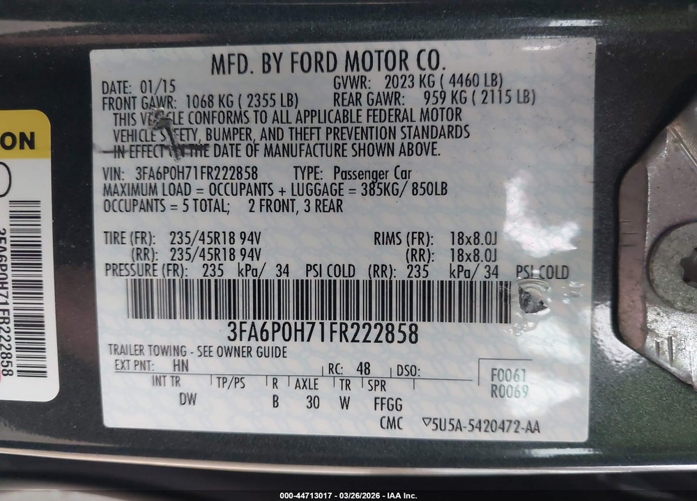 2015 FORD FUSION SE VIN: 3FA6P0H71FR222858
