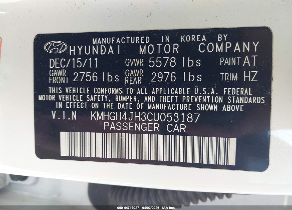 2012 HYUNDAI EQUUS SIGNATURE VIN: KMHGH4JH3CU053187