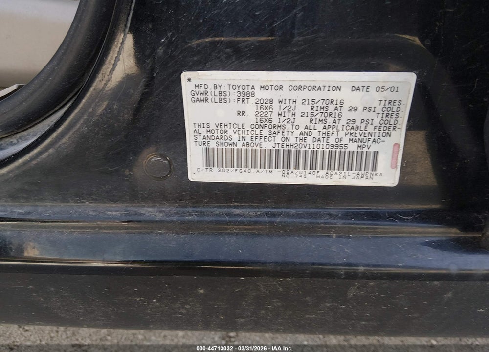 2001 TOYOTA RAV4 VIN: JTEHH20V110109955