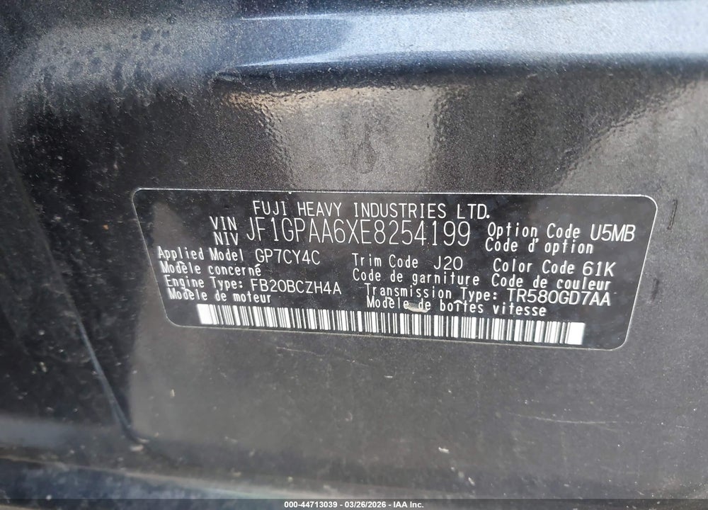 2014 SUBARU IMPREZA 2.0I VIN: JF1GPAA6XE8254199