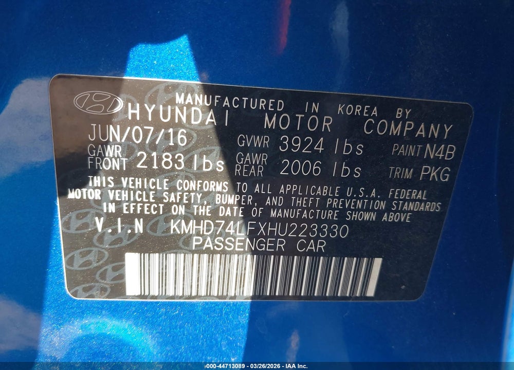 2017 HYUNDAI ELANTRA SE VIN: KMHD74LFXHU223330