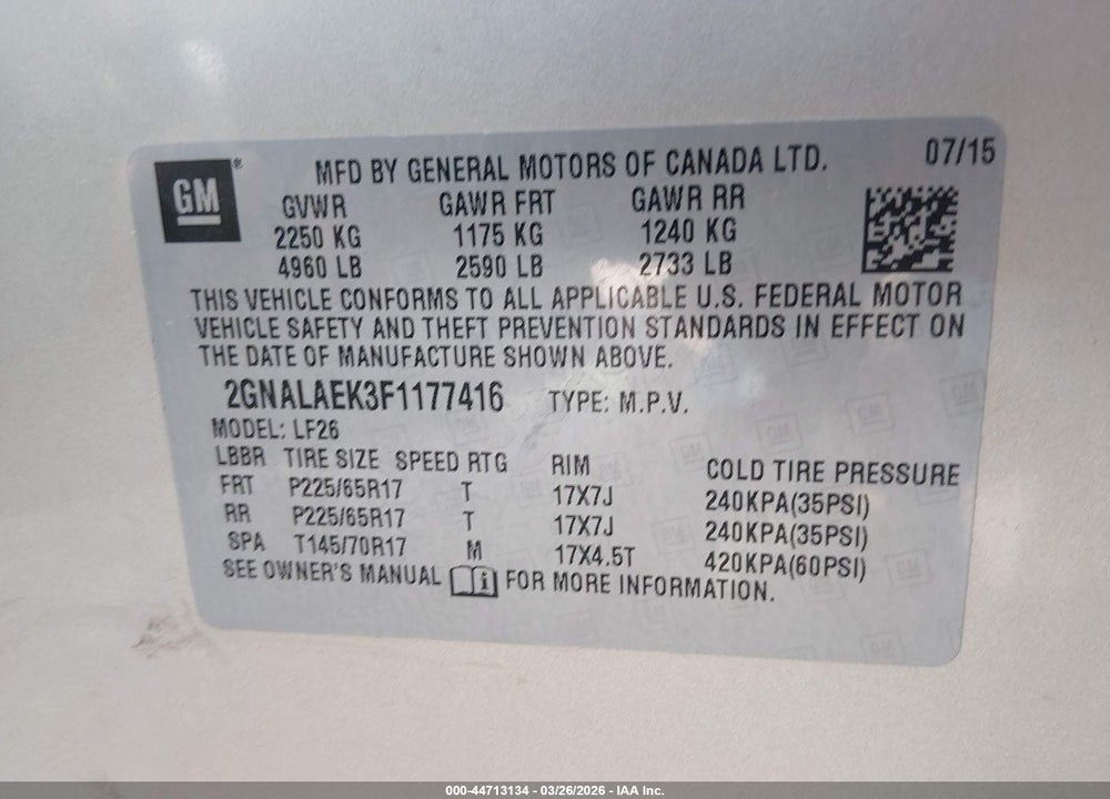 2015 CHEVROLET EQUINOX LS VIN: 2GNALAEK3F1177416