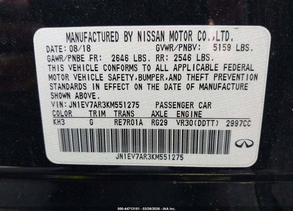 2019 INFINITI Q50 3.0T LUXE VIN: JN1EV7AR3KM551275