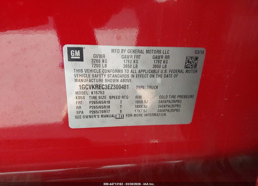2014 CHEVROLET SILVERADO 1500 1LT VIN: 1GCVKREC3EZ300481