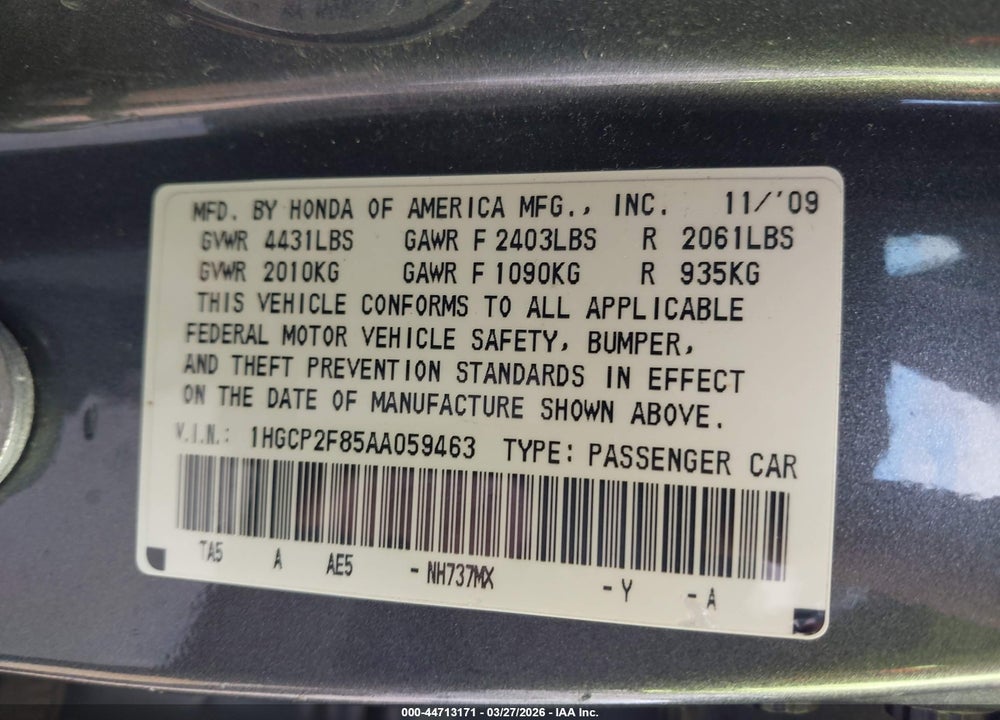 2010 HONDA ACCORD 2.4 EX-L VIN: 1HGCP2F85AA059463