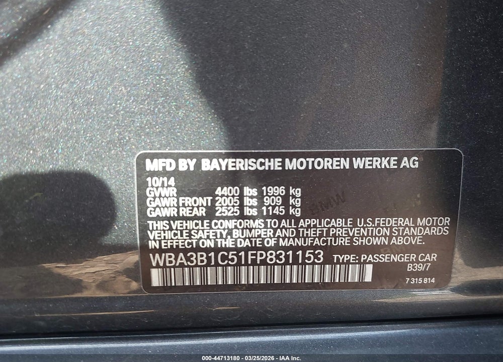 2015 BMW 320I VIN: WBA3B1C51FP831153
