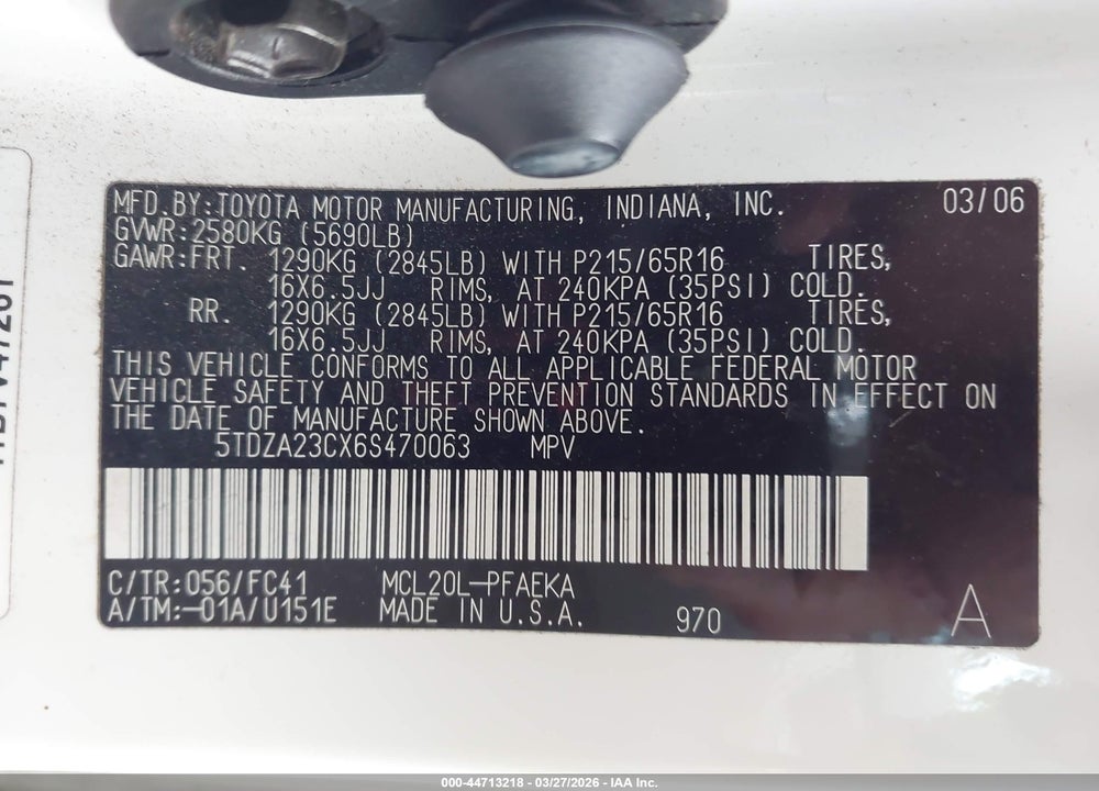 2006 TOYOTA SIENNA LE VIN: 5TDZA23CX6S470063