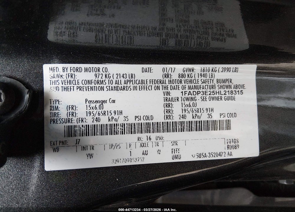 2017 FORD FOCUS S VIN: 1FADP3E25HL218315