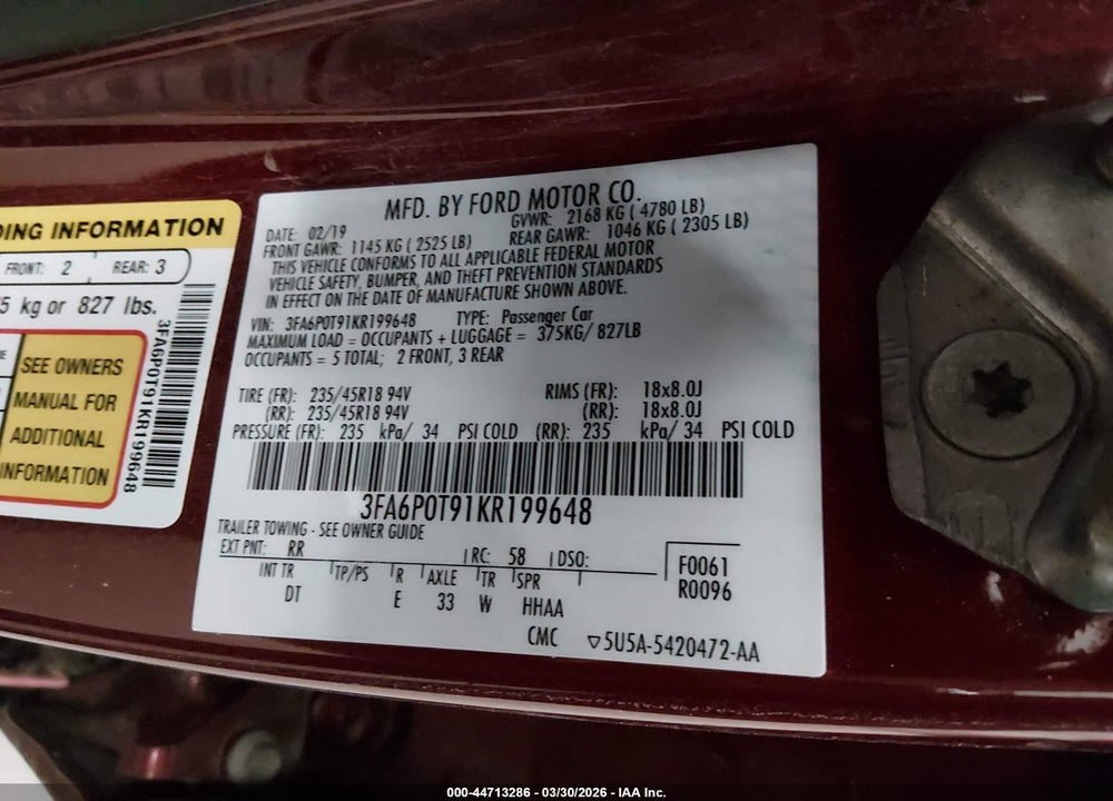 2019 FORD FUSION SE VIN: 3FA6P0T91KR199648