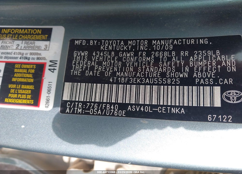 2010 TOYOTA CAMRY LE VIN: 4T1BF3EK3AU555825