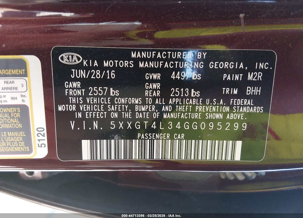 2016 KIA OPTIMA LX VIN: 5XXGT4L34GG095299