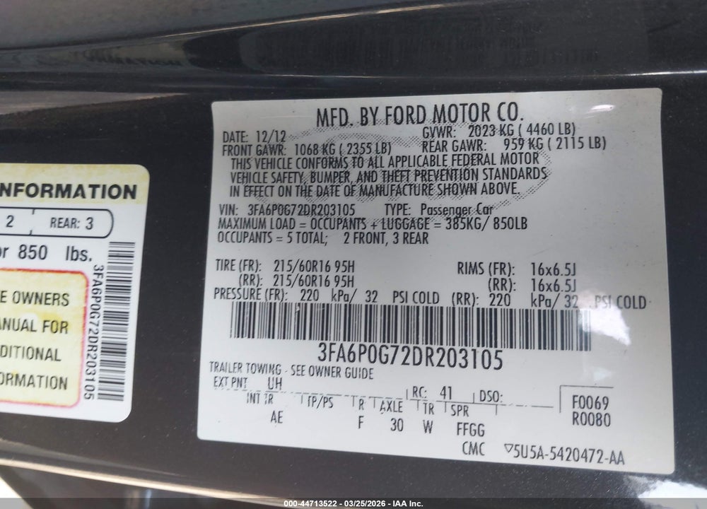 2013 FORD FUSION S VIN: 3FA6P0G72DR203105