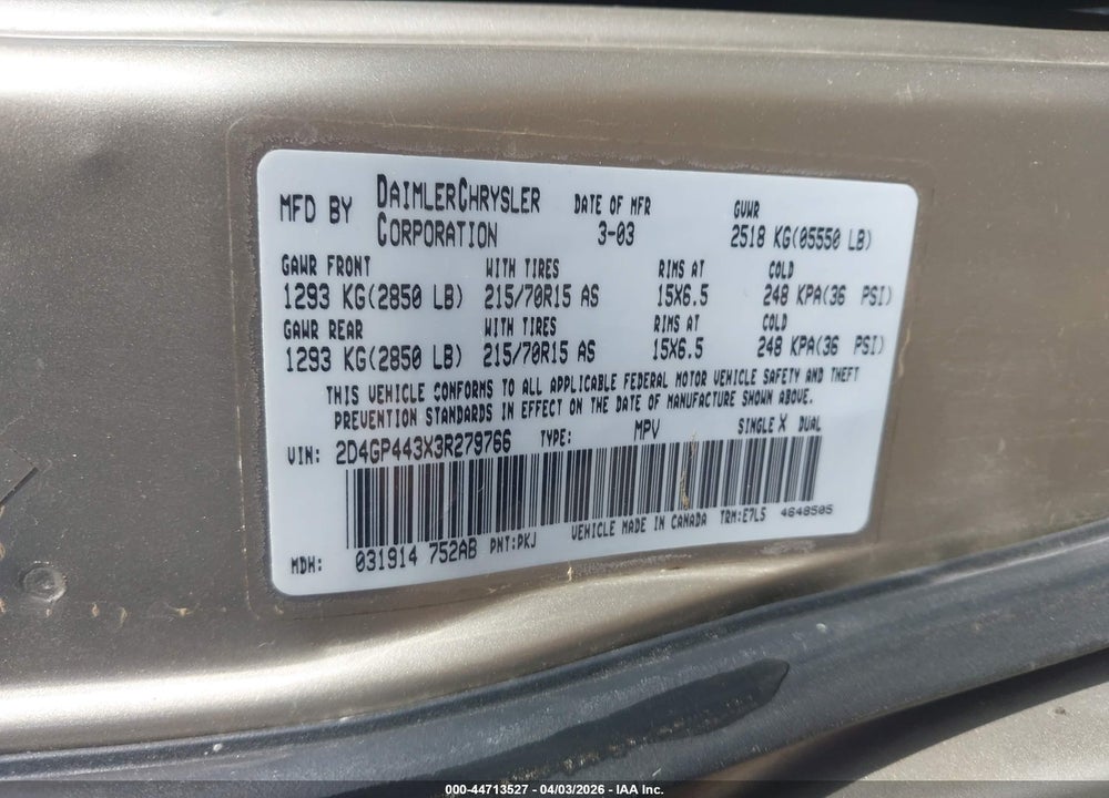 2003 DODGE GRAND CARAVAN SPORT VIN: 2D4GP443X3R279766