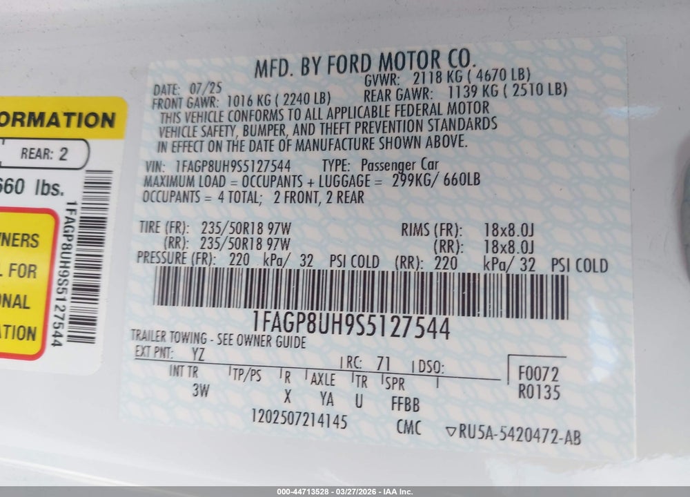 2025 FORD MUSTANG ECOBOOST PREMIUM VIN: 1FAGP8UH9S5127544