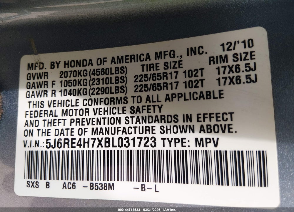2011 HONDA CR-V EX-L VIN: 5J6RE4H7XBL031723