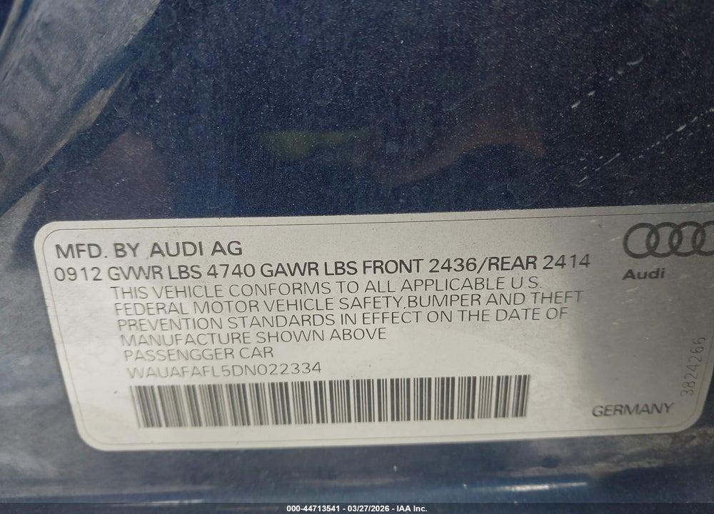 2013 AUDI A4 2.0T PREMIUM VIN: WAUAFAFL5DN022334