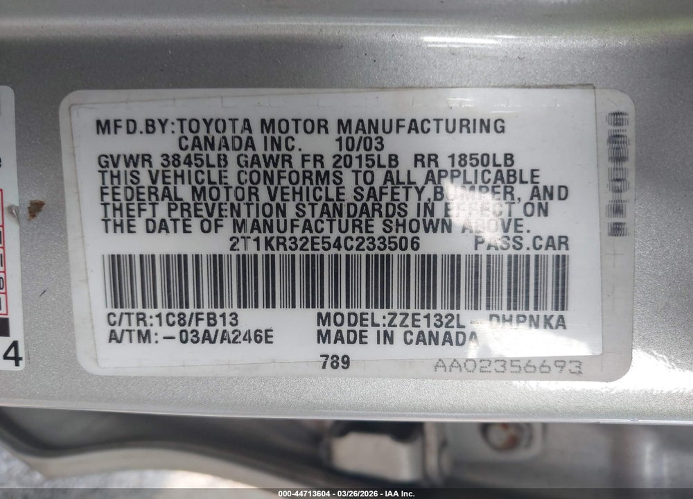2004 TOYOTA MATRIX XR VIN: 2T1KR32E54C233506