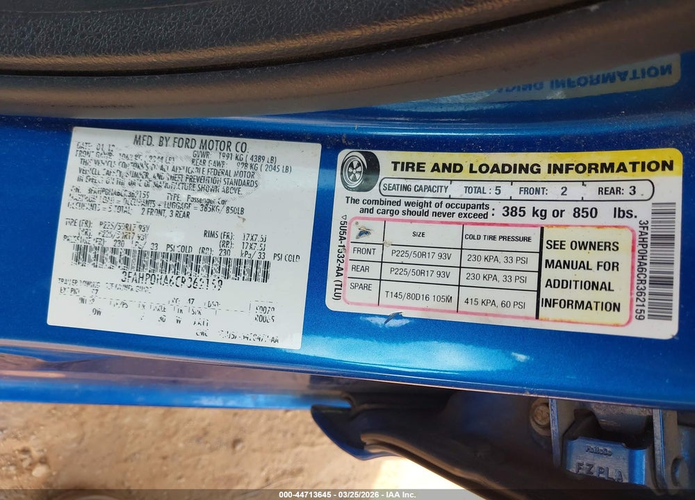 2012 FORD FUSION SE VIN: 3FAHP0HA6CR362159