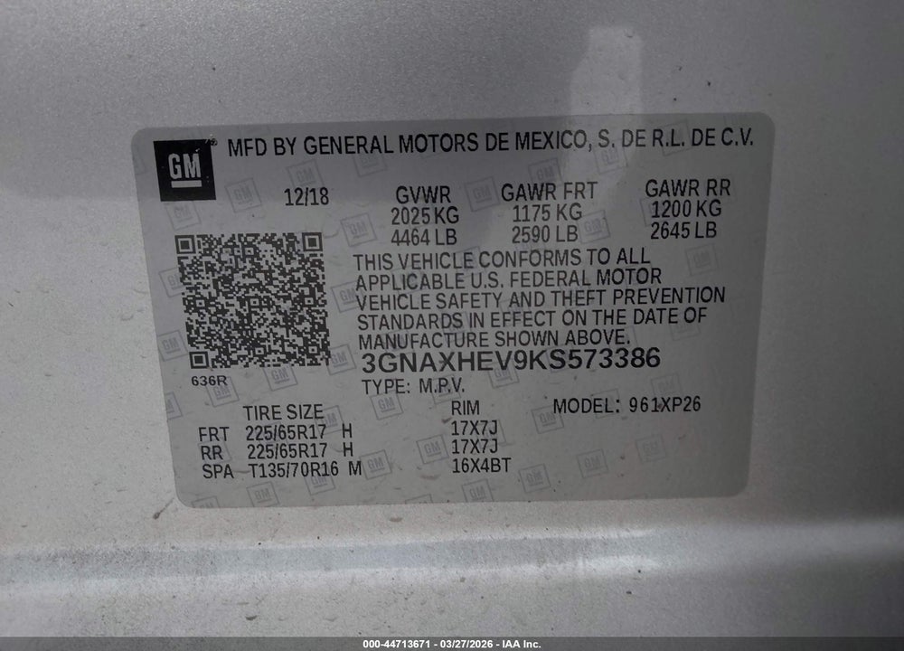 2019 CHEVROLET EQUINOX LS VIN: 3GNAXHEV9KS573386