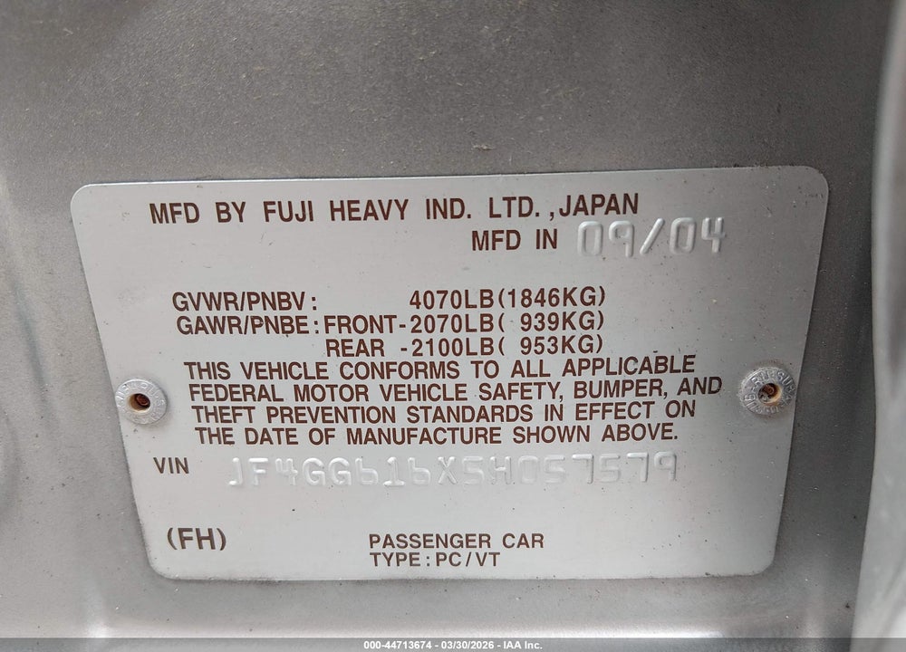 2005 SAAB 9-2X LINEAR VIN: JF4GG616X5H057579