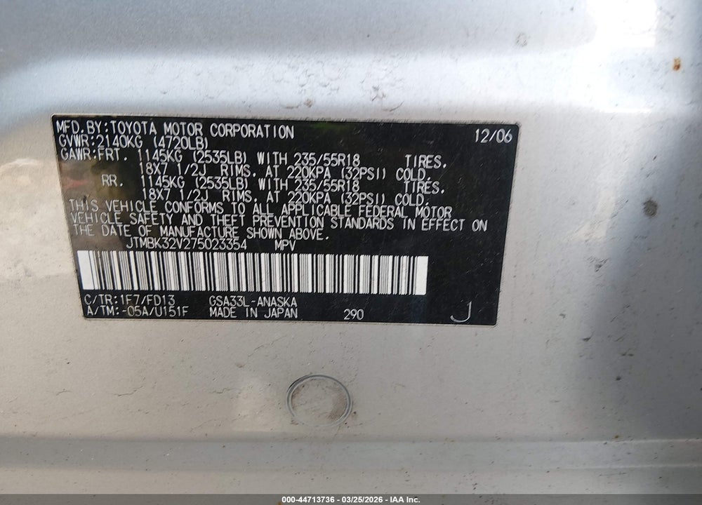 2007 TOYOTA RAV4 SPORT V6 VIN: JTMBK32V275023354