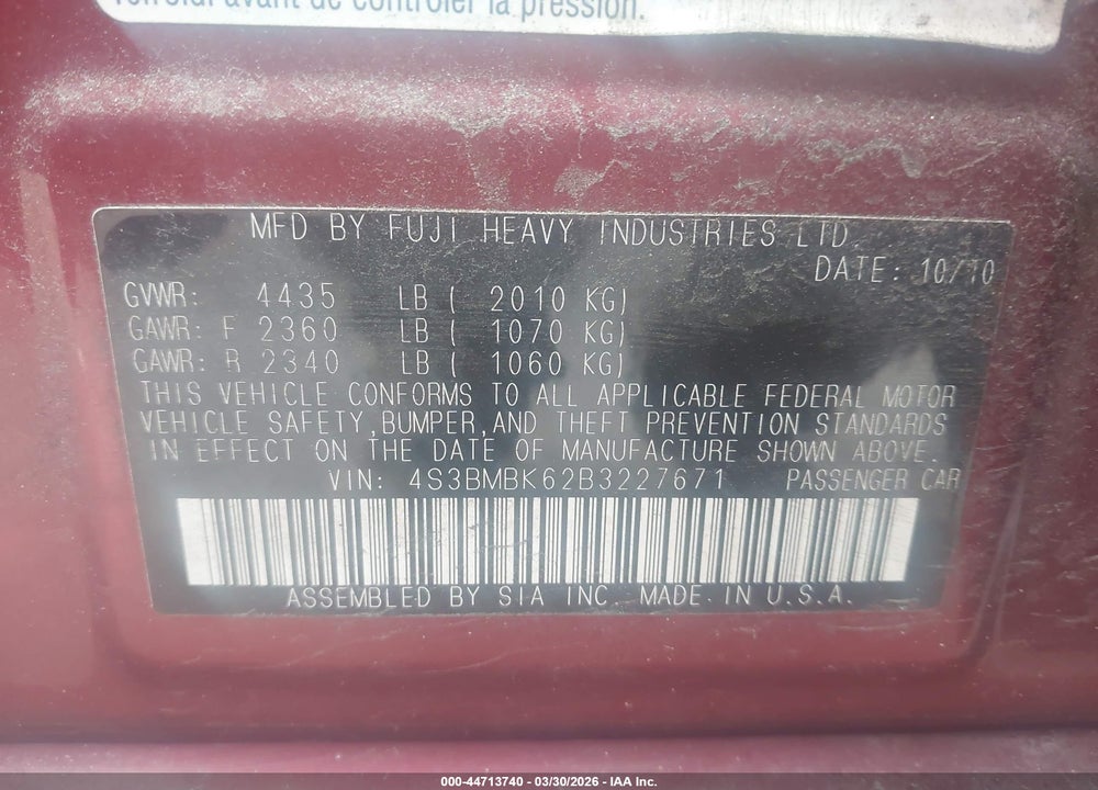 2011 SUBARU LEGACY 2.5I LIMITED VIN: 4S3BMBK62B3227671