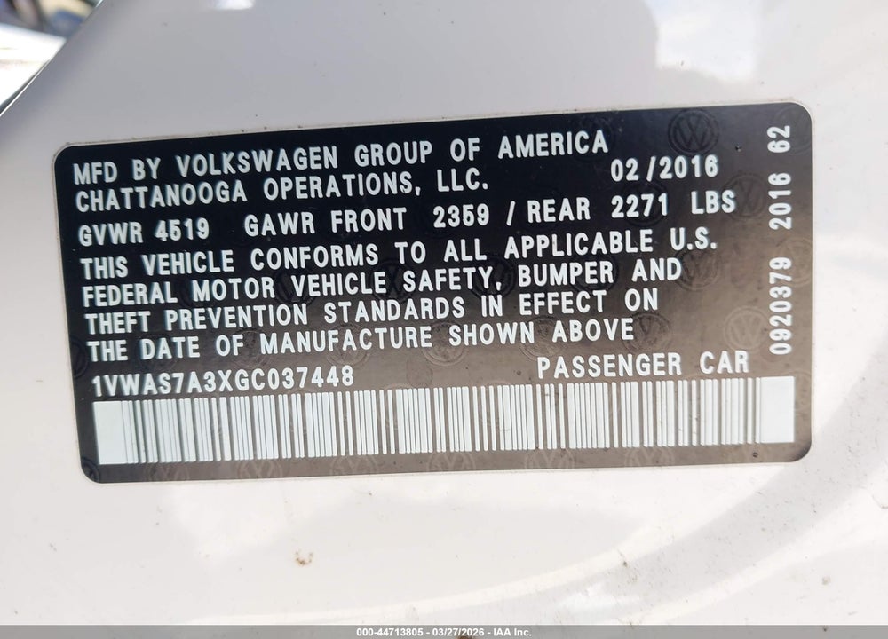 2016 VOLKSWAGEN PASSAT 1.8T R-LINE VIN: 1VWAS7A3XGC037448