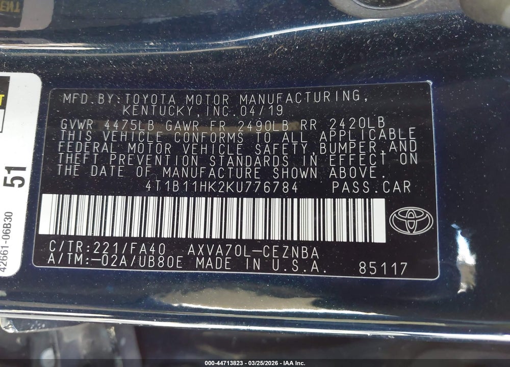 2019 TOYOTA CAMRY LE VIN: 4T1B11HK2KU776784