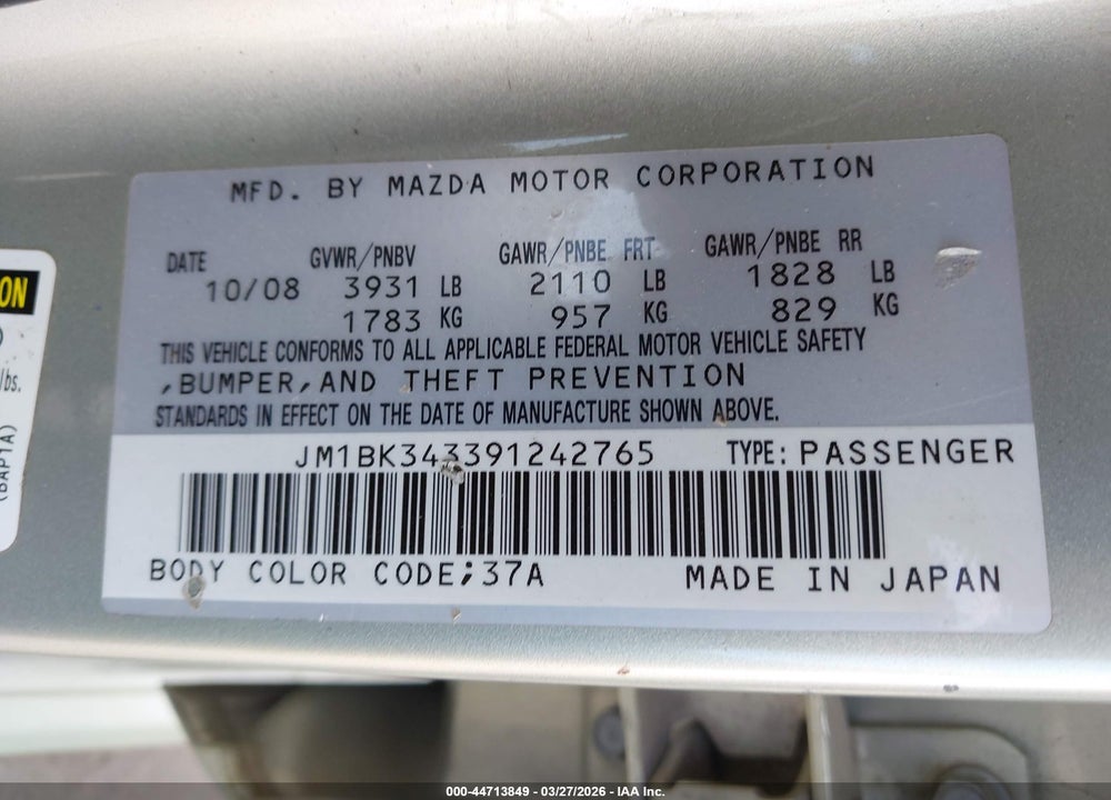 2009 MAZDA 3 S SPORT VIN: JM1BK343391242765