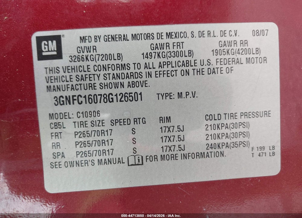 2008 CHEVROLET SUBURBAN 1500 LT VIN: 3GNFC16078G126501
