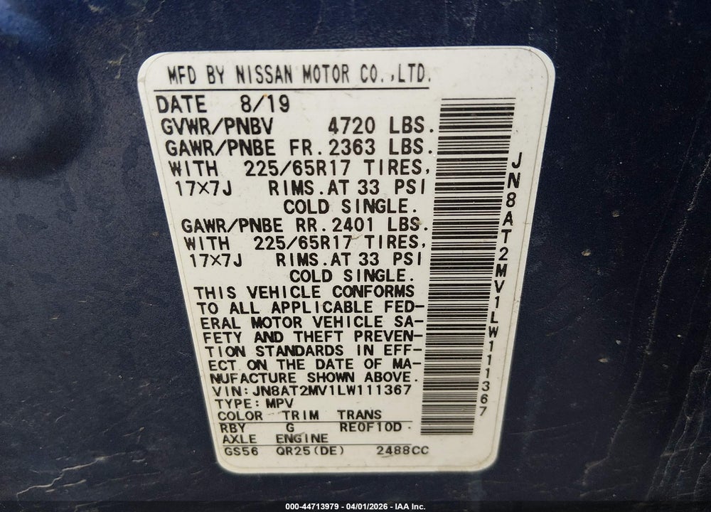 2020 NISSAN ROGUE SV INTELLIGENT AWD VIN: JN8AT2MV1LW111367