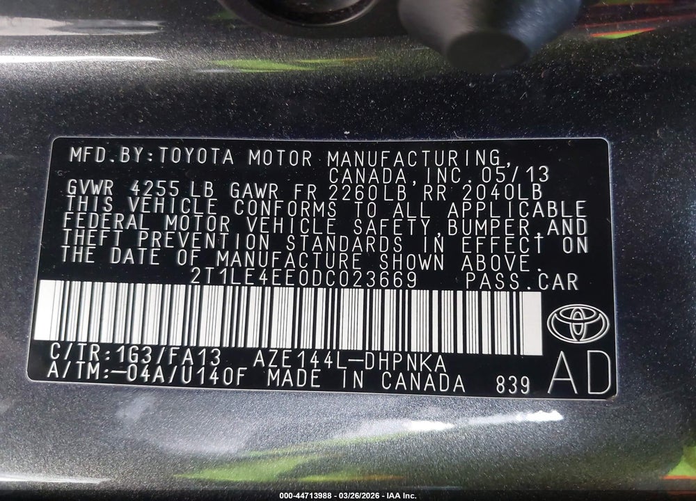 2013 TOYOTA MATRIX S VIN: 2T1LE4EE0DC023669