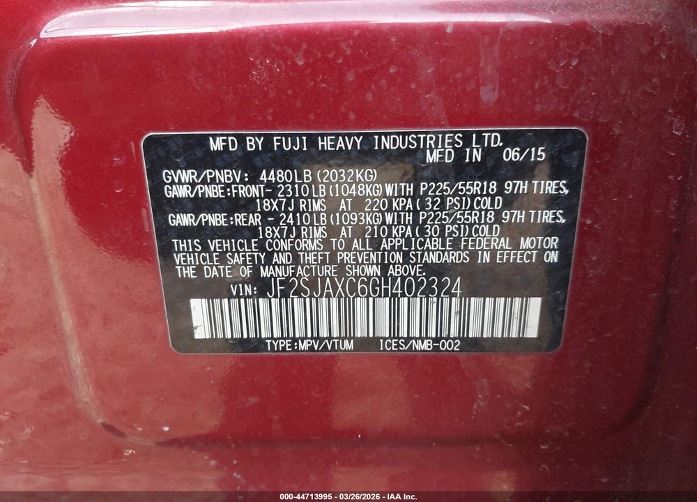 2016 SUBARU FORESTER 2.5I TOURING VIN: JF2SJAXC6GH402324