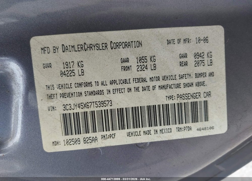 2007 CHRYSLER PT CRUISER VIN: 3C3JY45X67T539573