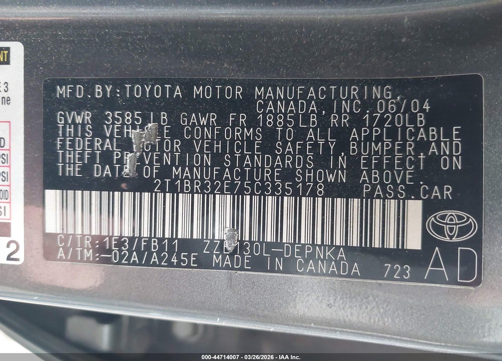 2005 TOYOTA COROLLA LE VIN: 2T1BR32E75C335178